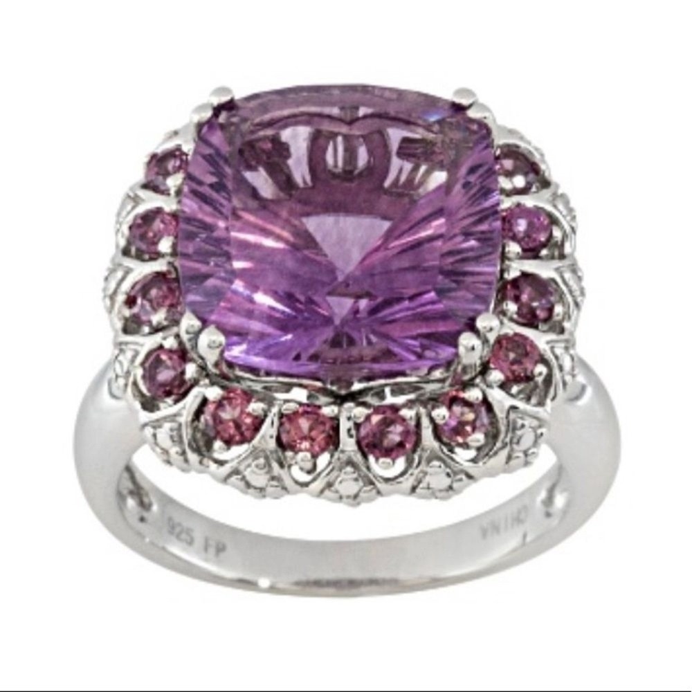 Cushion Purple Fluorite & Rhodolite Garnet‎ Sterling Silver 925 Ring Halo Sz 9 - Picture 9 of 9
